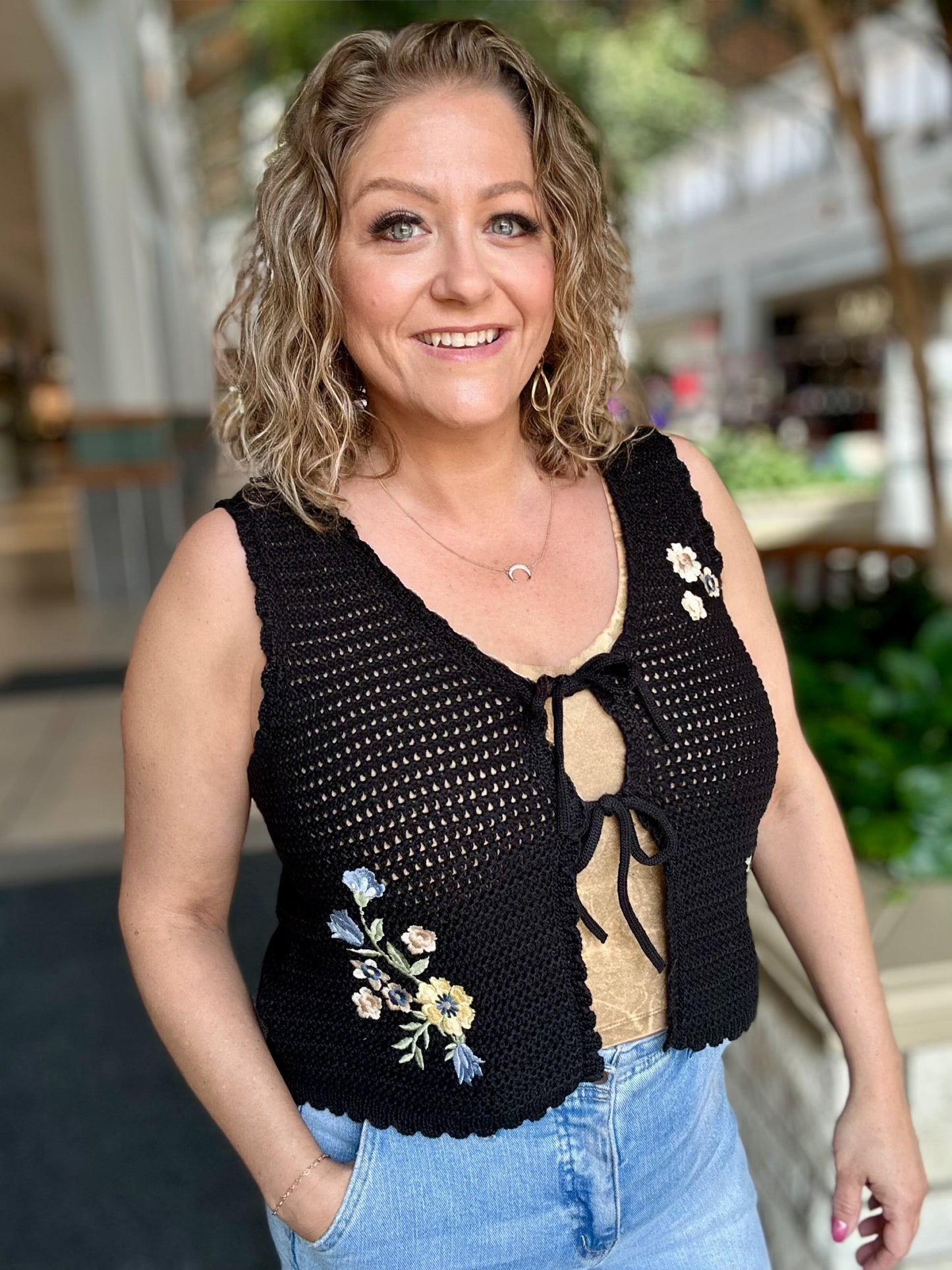 Floral Embroidery Front Tie Crochet Vest Top