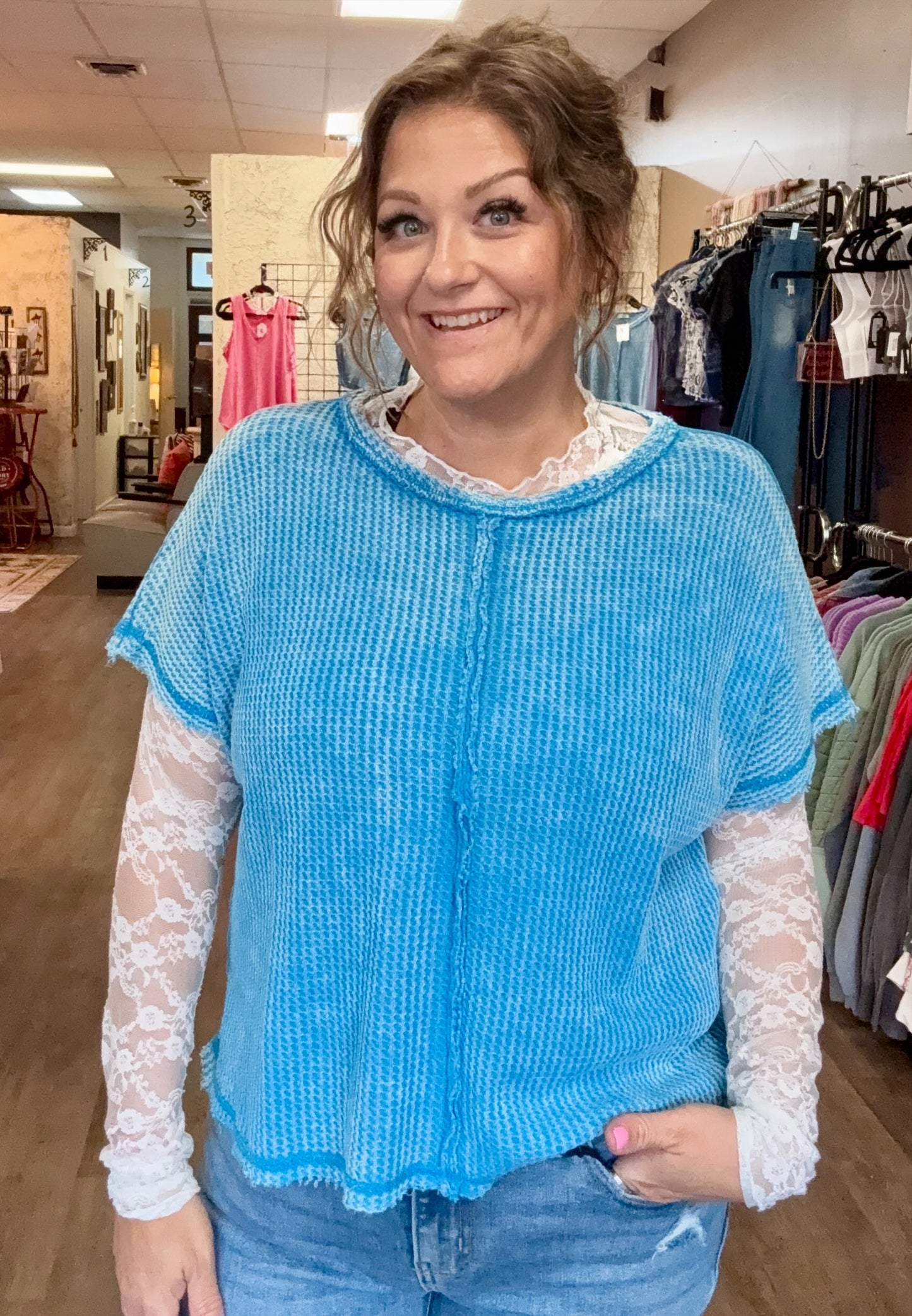Washed baby waffle short sleeve top