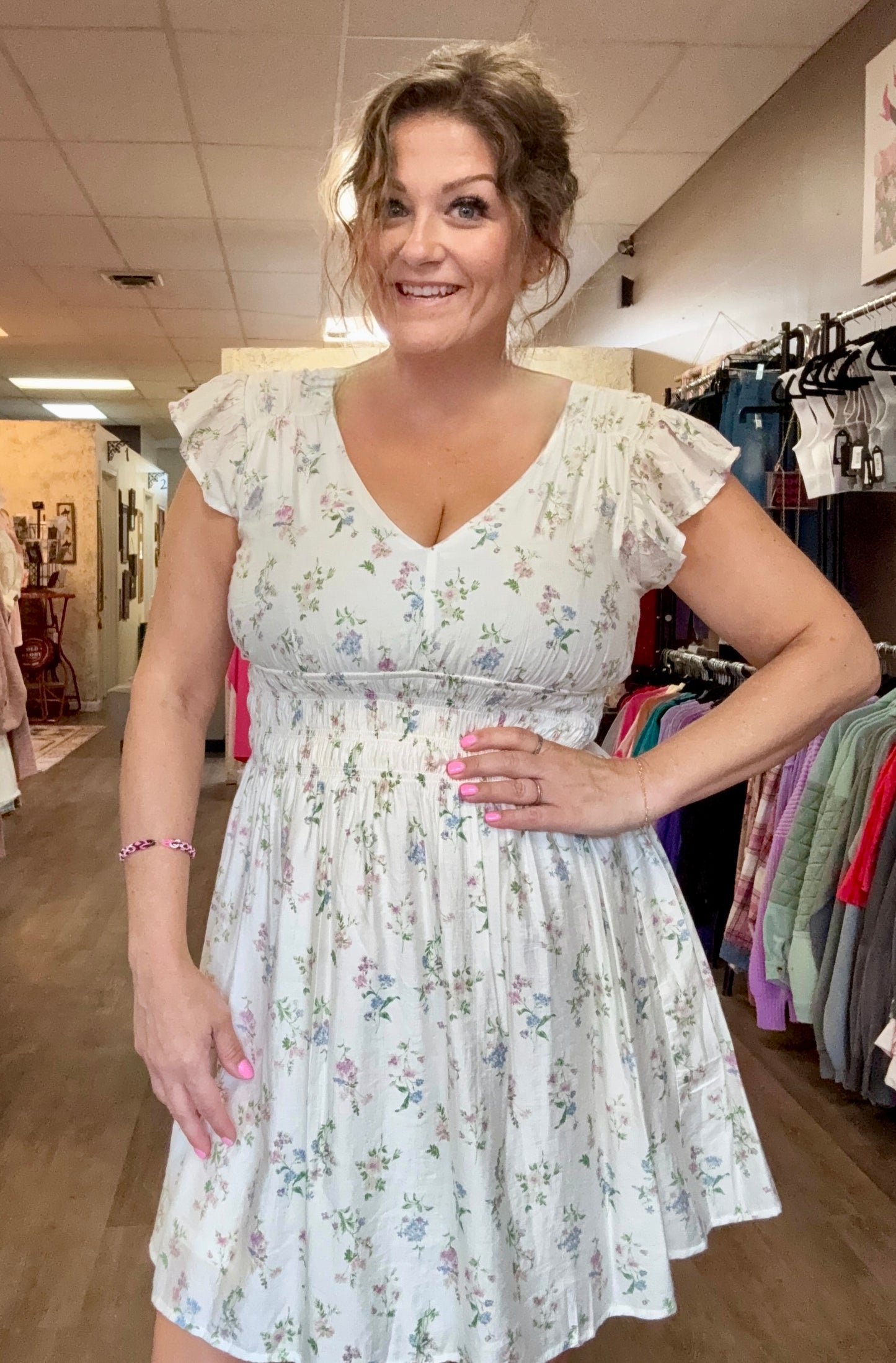 Floral V Neck Shirred Waist Mini Dress