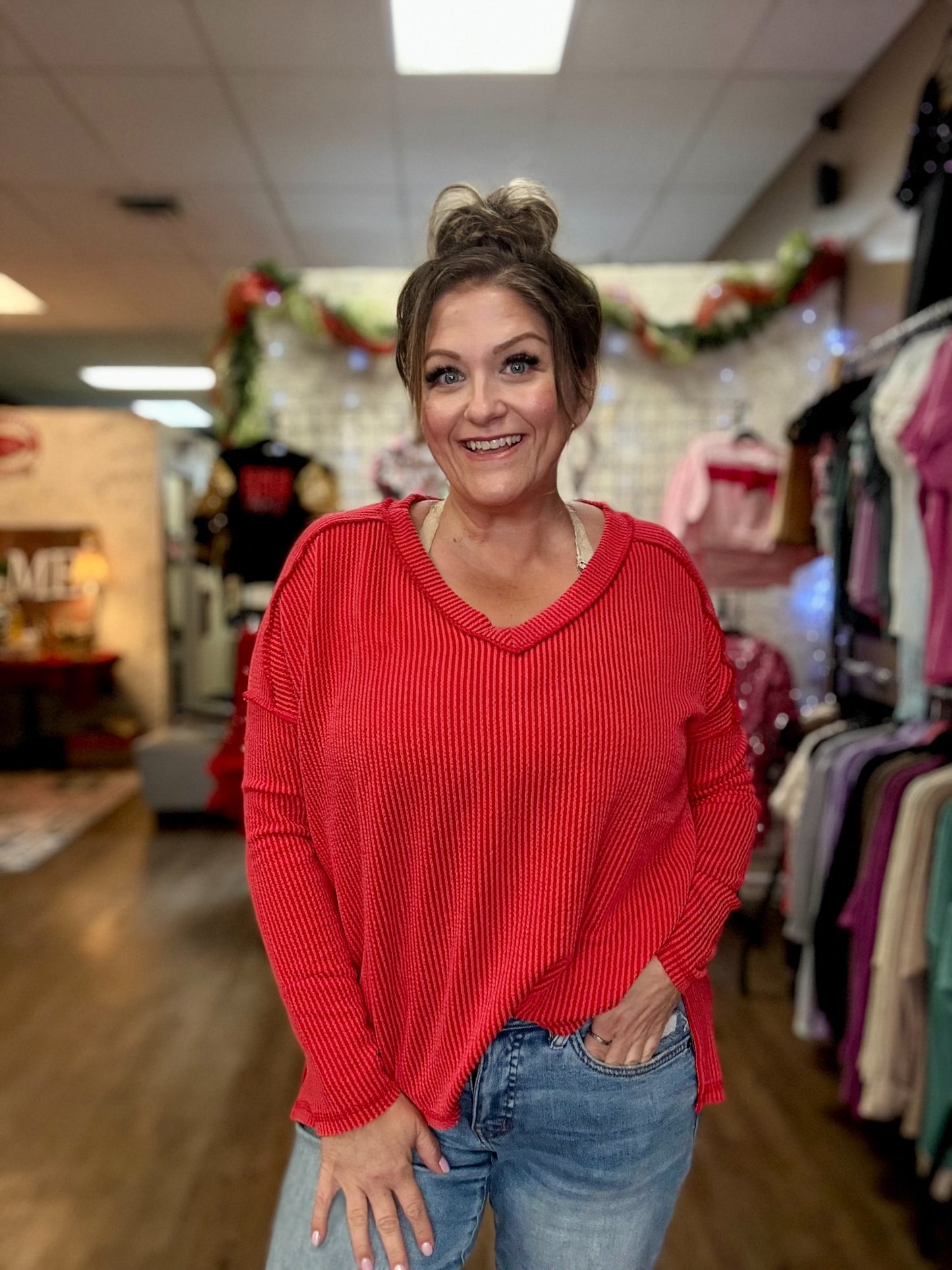 Raised rib long sleeve hi-low v neck top