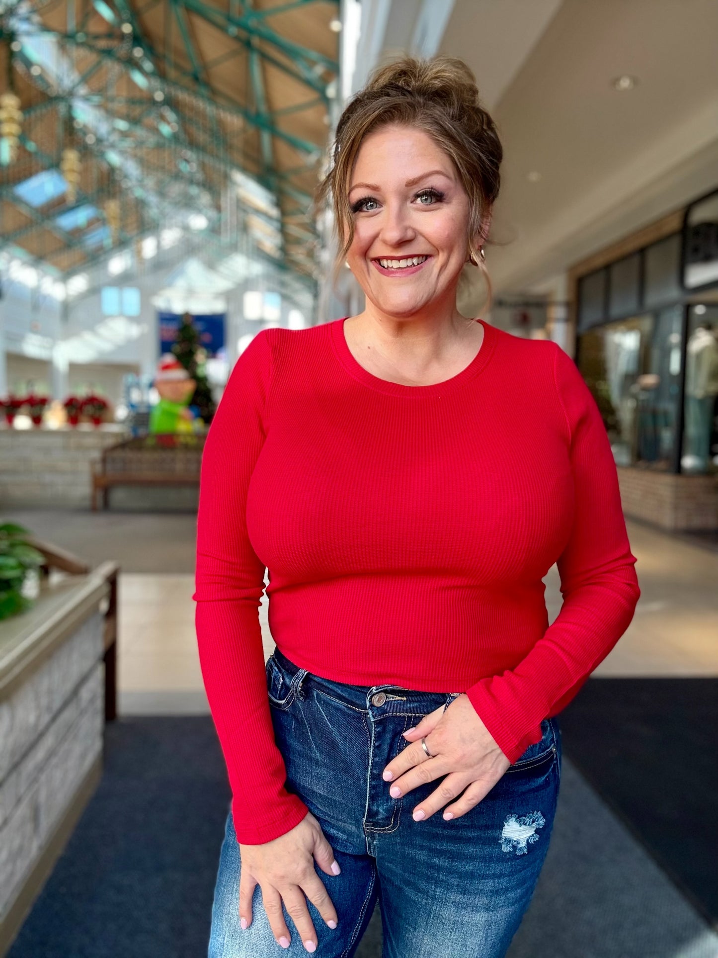 Long Slv Crew Neck Thermal Crop Knit Top