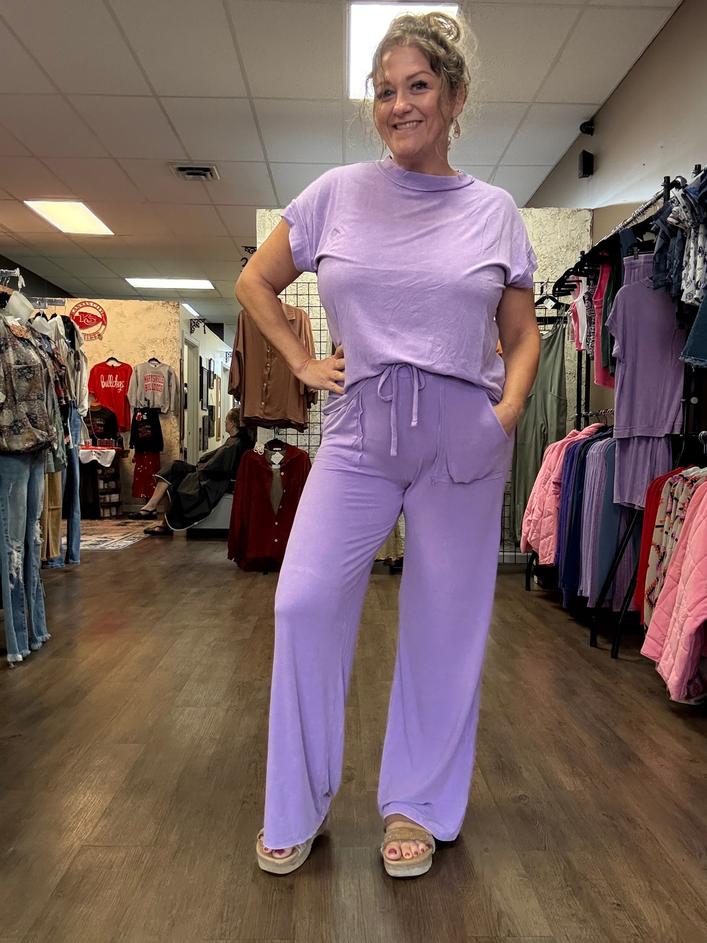 Ribbed Acid Wash Rayon Top & Pants Set