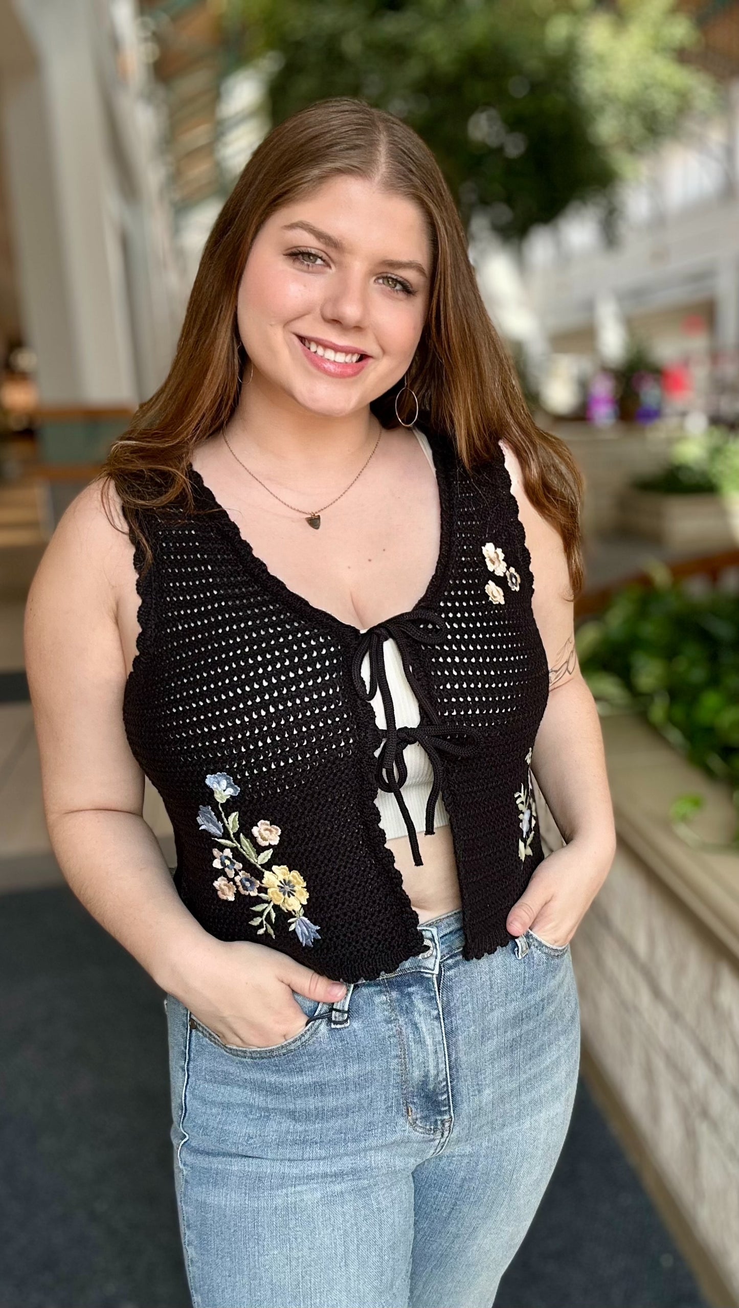 Floral Embroidery Front Tie Crochet Vest Top