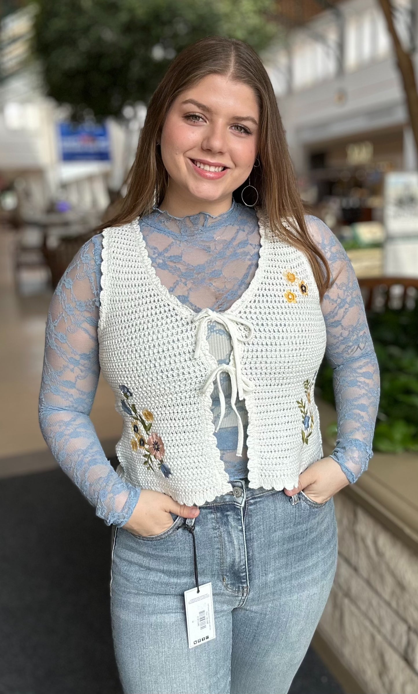 Floral Embroidery Front Tie Crochet Vest Top