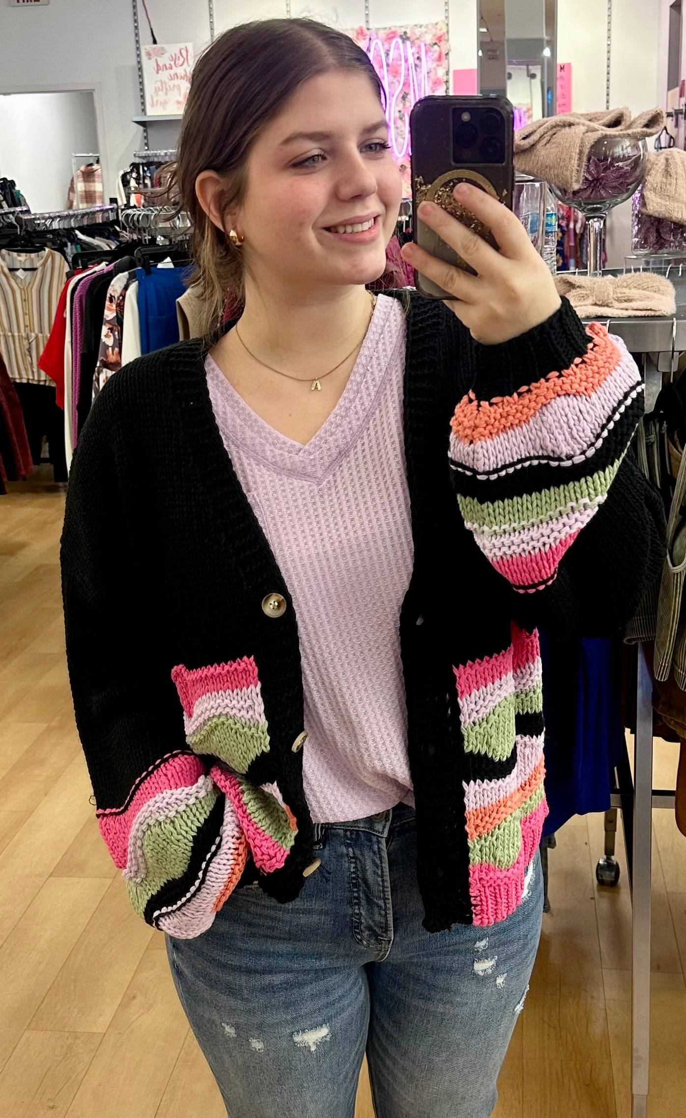 Button Down Wave Graphic Knit Cardigan