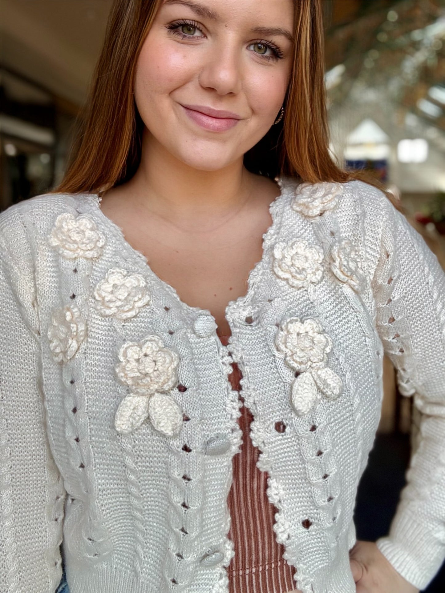 Flower Applique Textured Button Down Cardigan