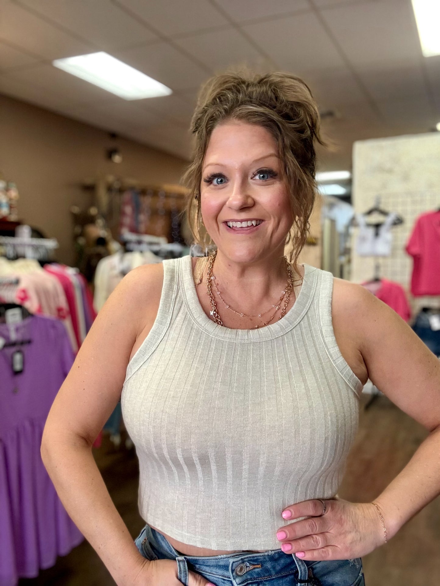 Ribbed boat neck cropped sleeveless top