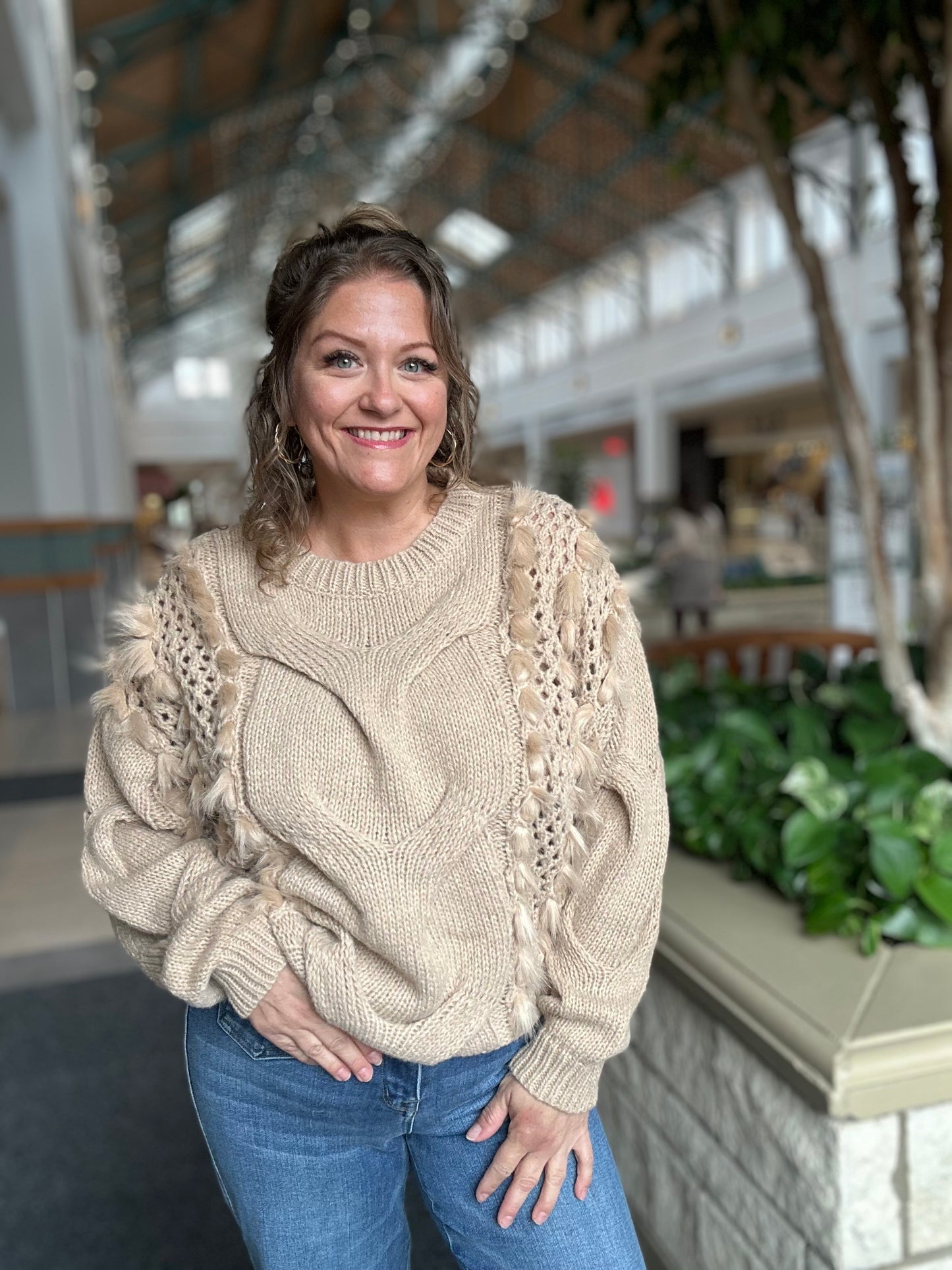 Faux Fur Detailed Pointelle Cable Knit Sweater