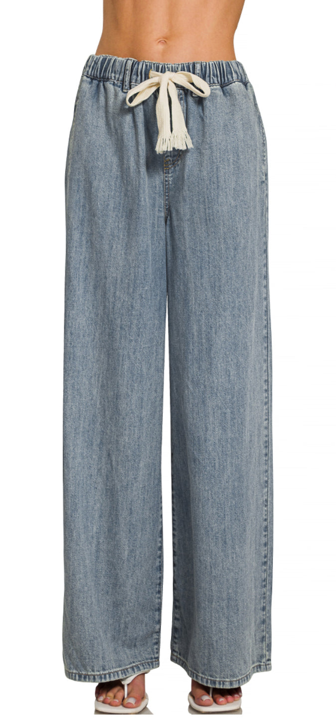 Wide Leg Drawstring Elastic Waistband Denim Pants