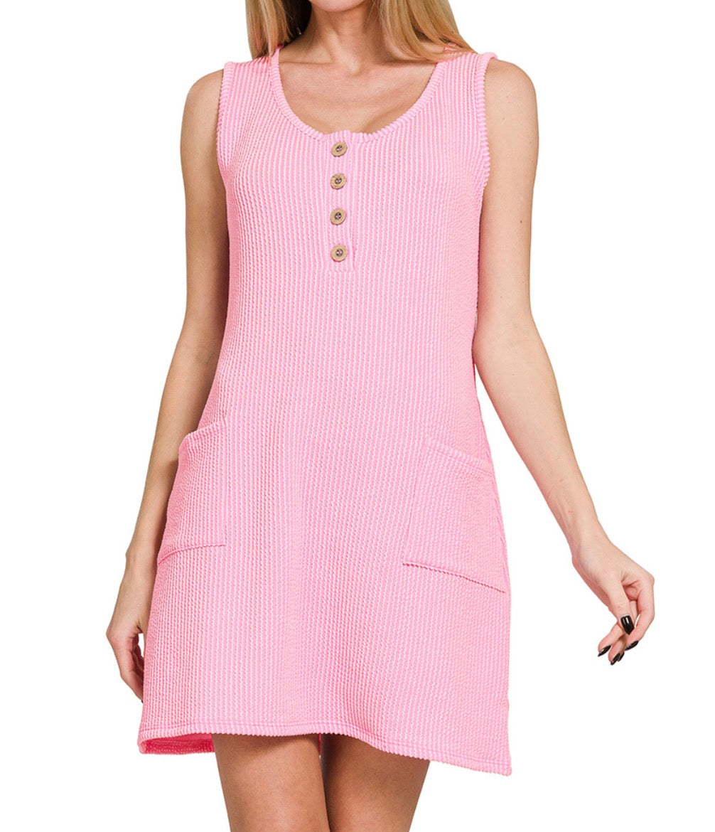 Corded Rib Sleeveless Tank Mini Dress With Pockets