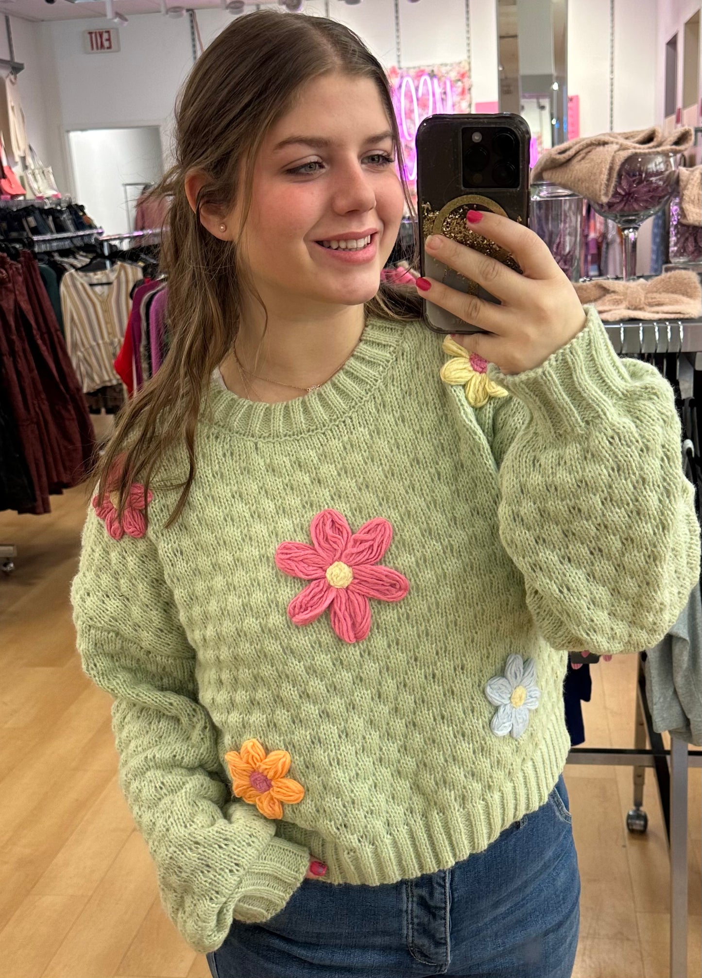 Hand Made Flower Applique Knit Sweater