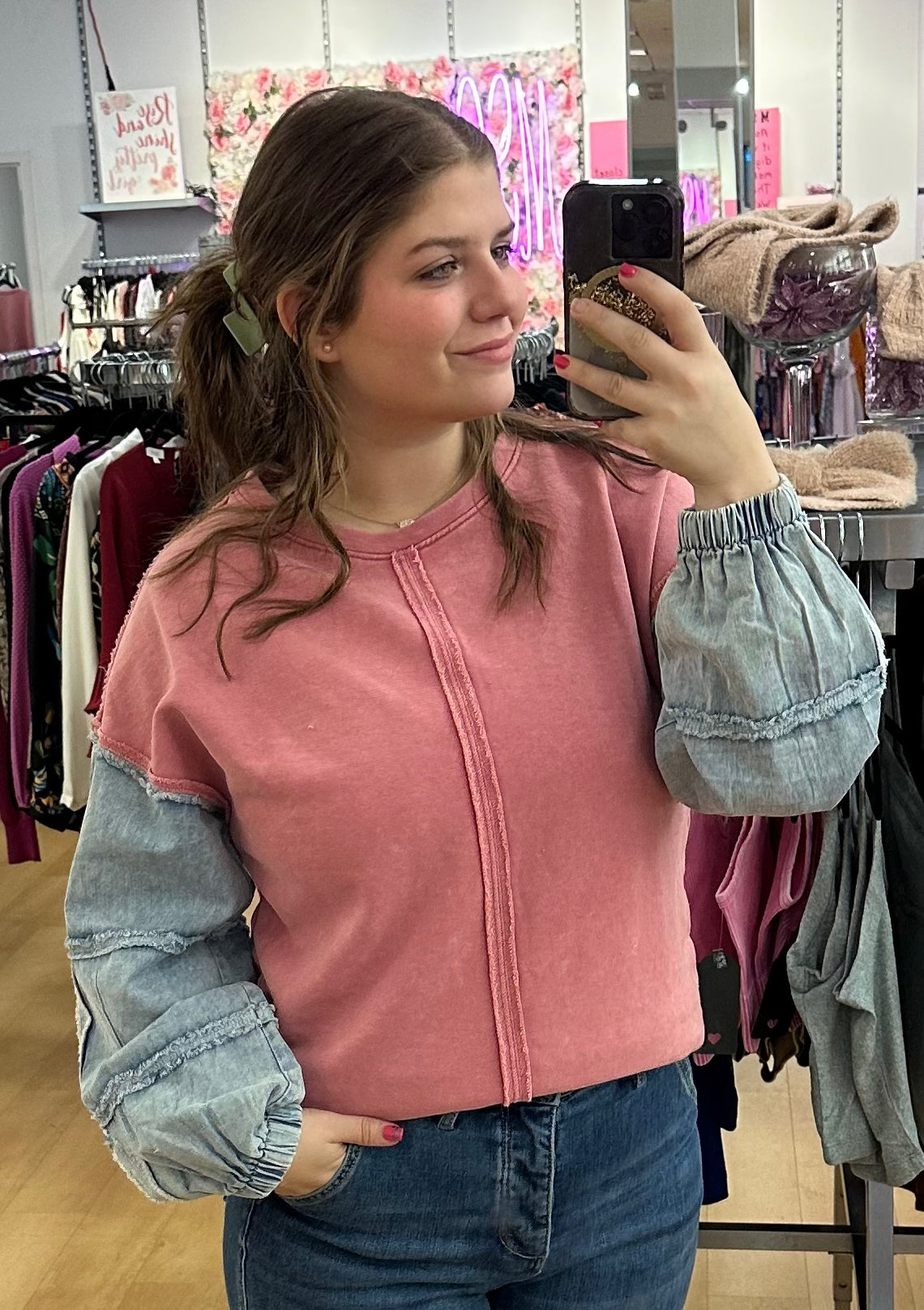 Acid Wash Sweatshirt w/ Jean Sleeves