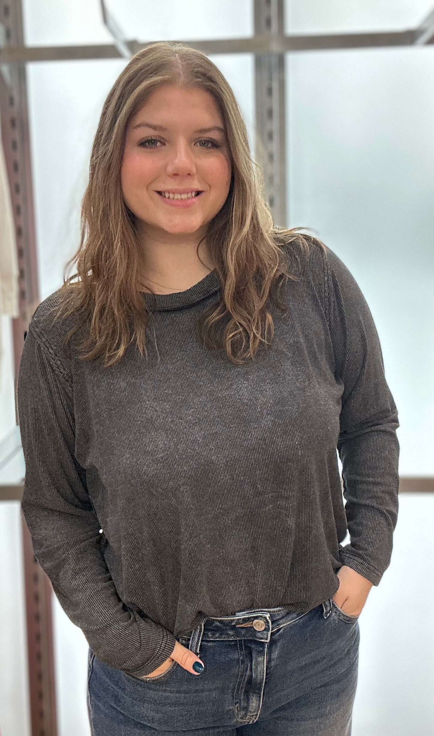 acid wash ribbed long sleeve top