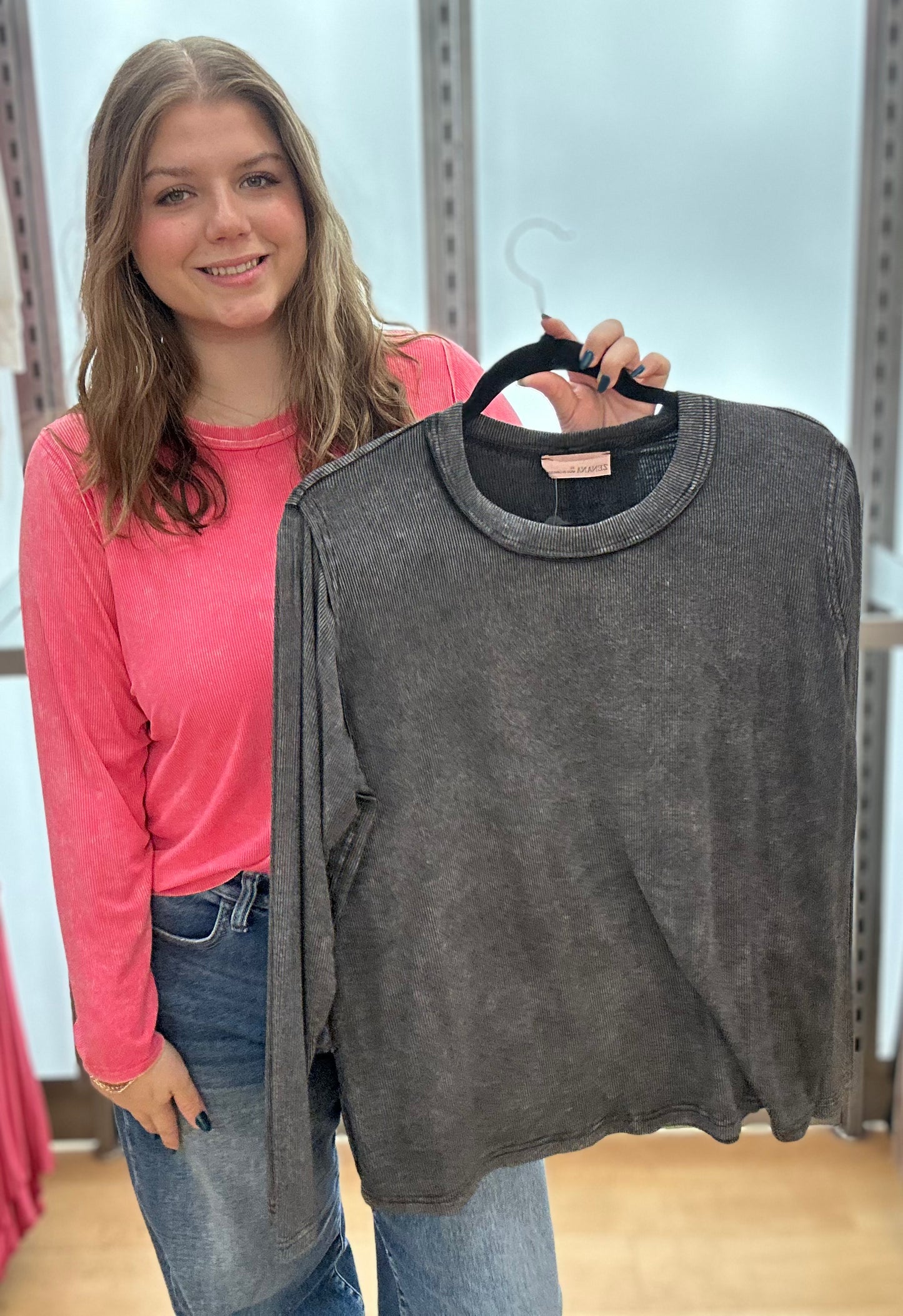 acid wash ribbed long sleeve top