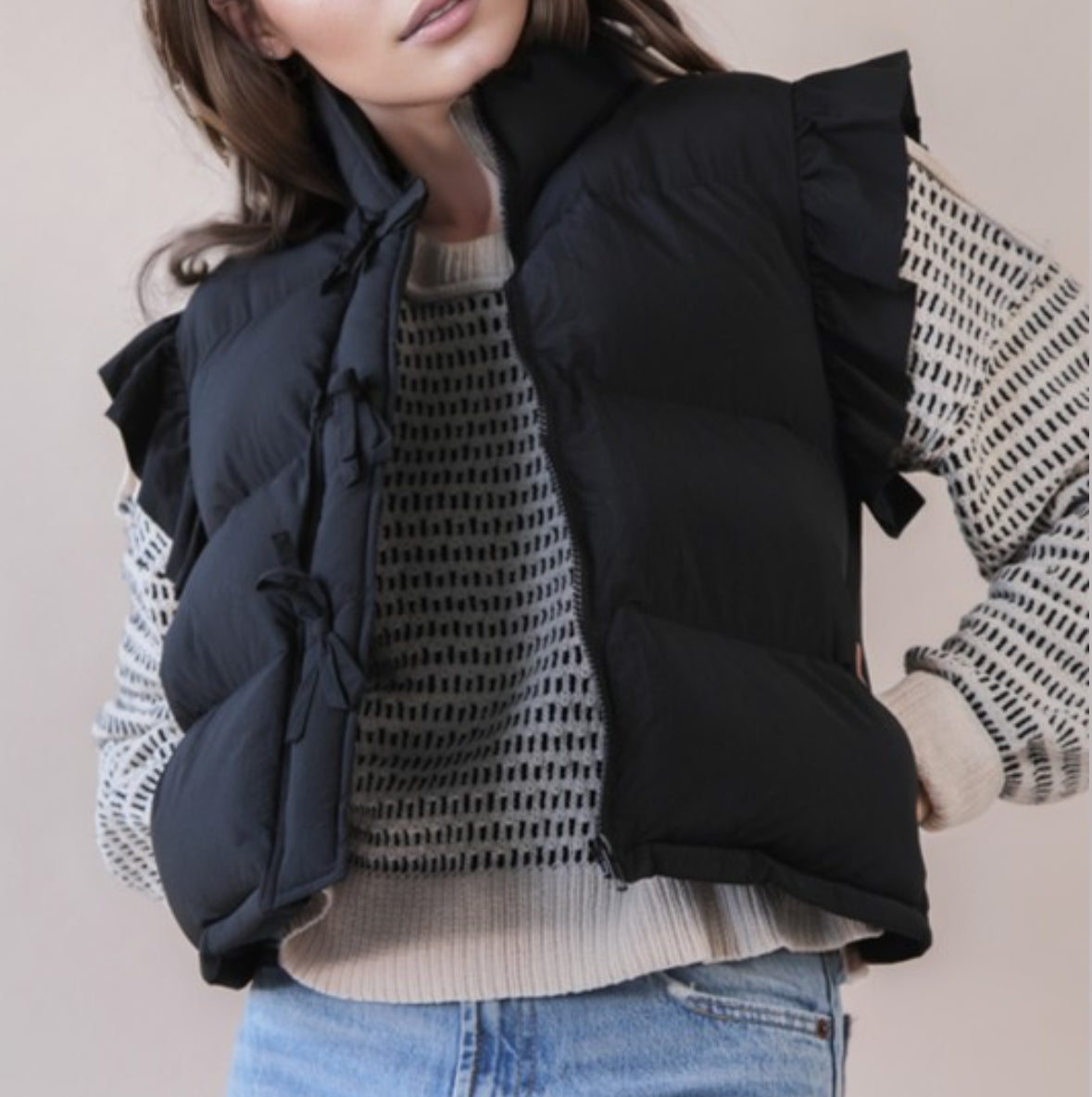 Front Bow Ruffle Sleeve Puffer Vest