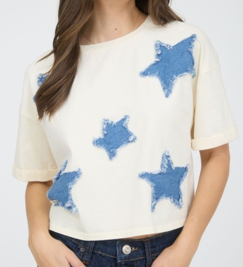 Denim Star Patch Short Sleeve Knit T-shirt