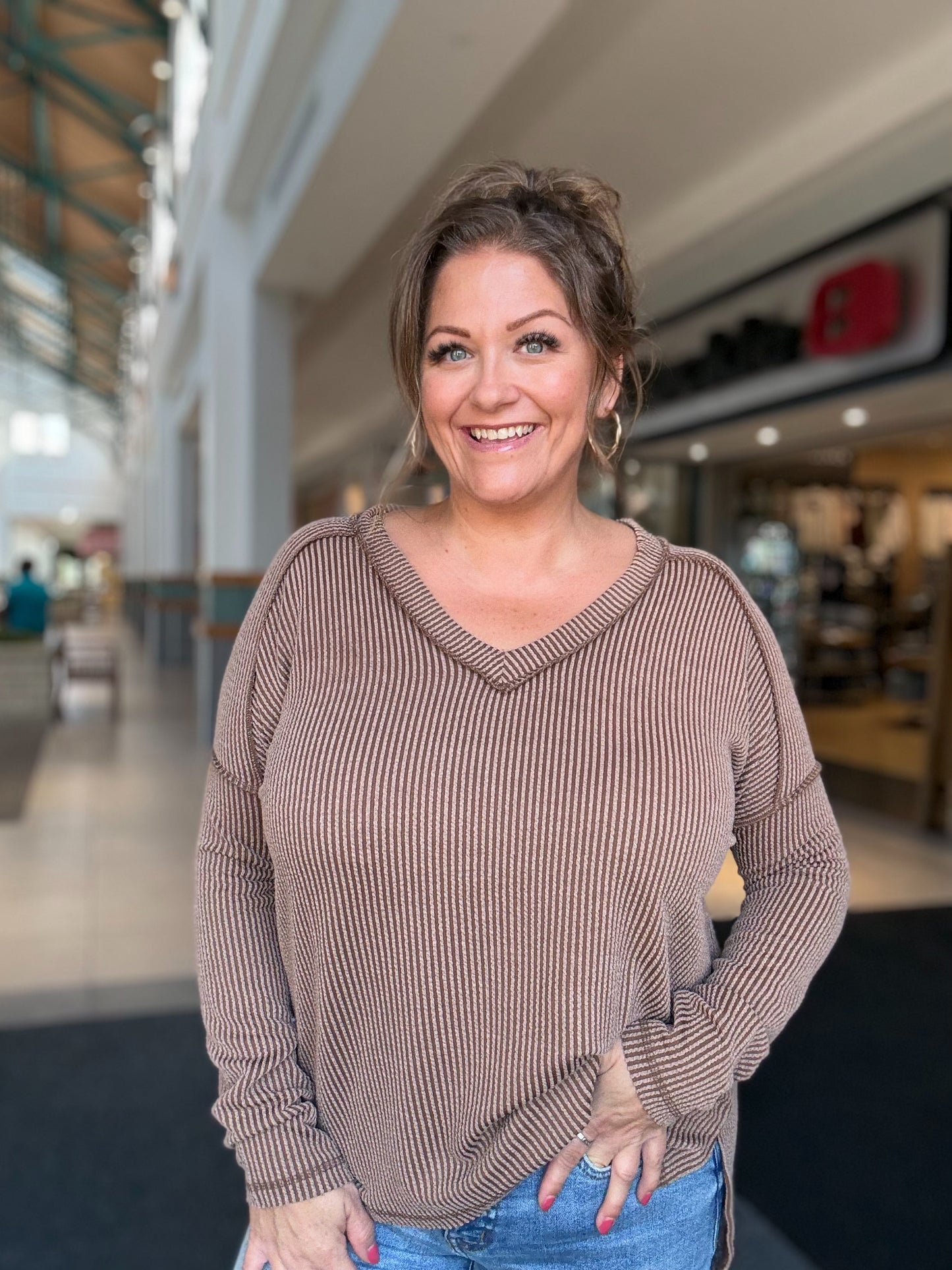 Raised Rib Long Sleeve V Neck Top