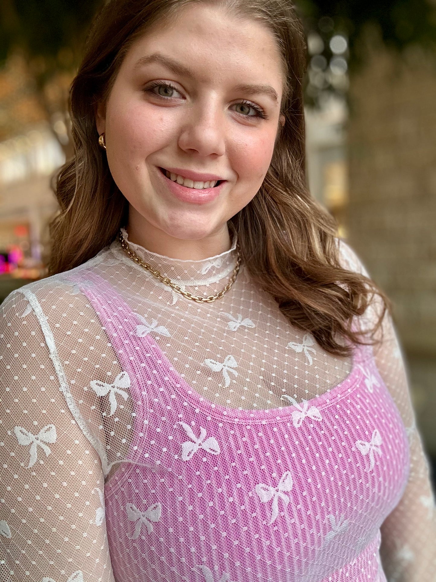 Bow Mesh Long-Sleeve Sheer Top