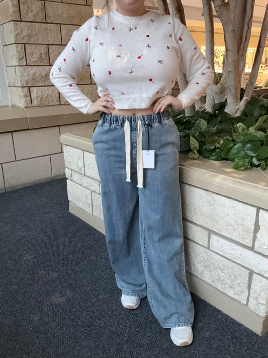 Wide Leg Drawstring Elastic Waistband Denim Pants