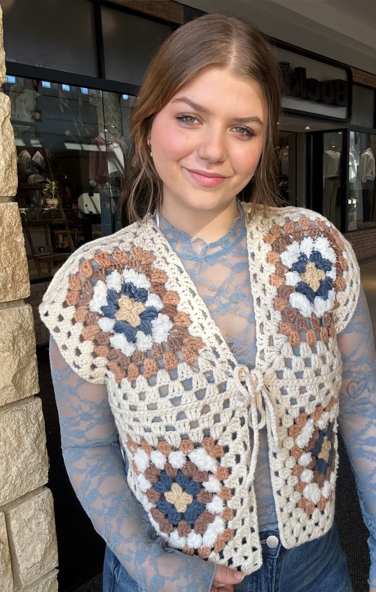 Block Flower Pattern Crochet Vest