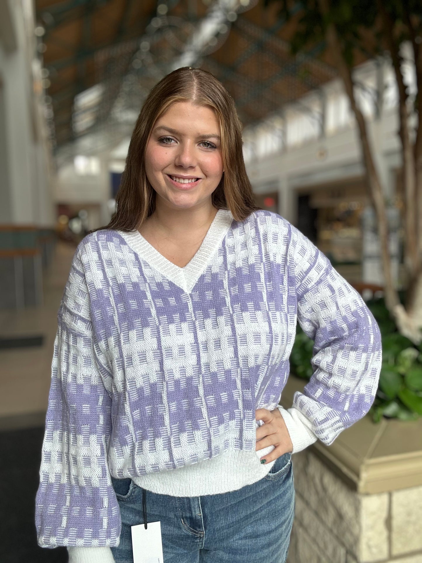 Hashtag Grid Textured V-neck Sweater Top