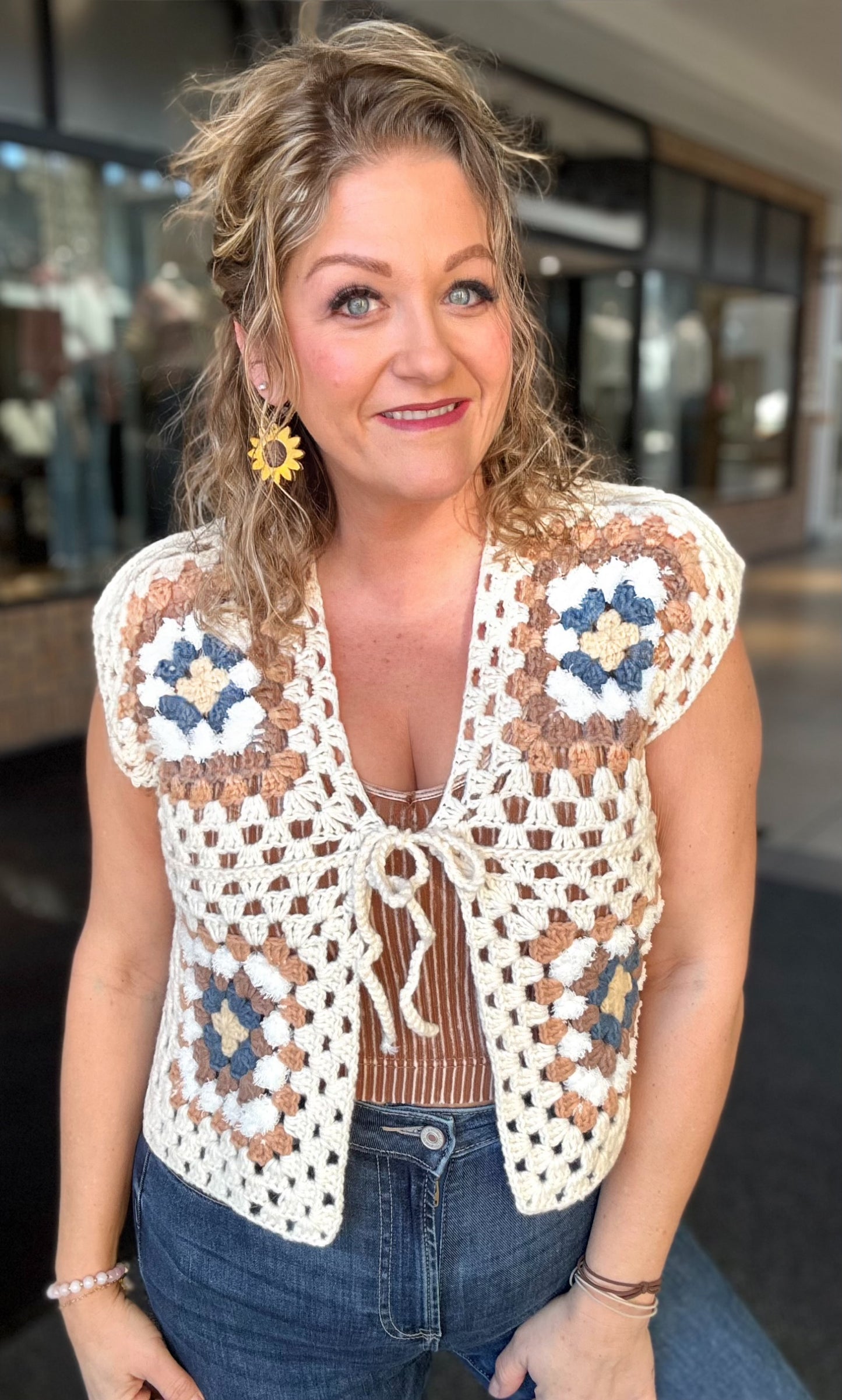 Block Flower Pattern Crochet Vest