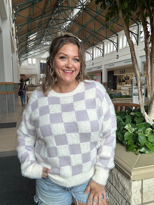 Fuzzy Checkered Lavender Sweater