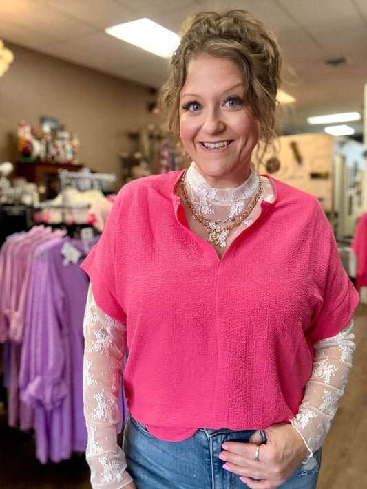 Woven bubble airflow split neck top