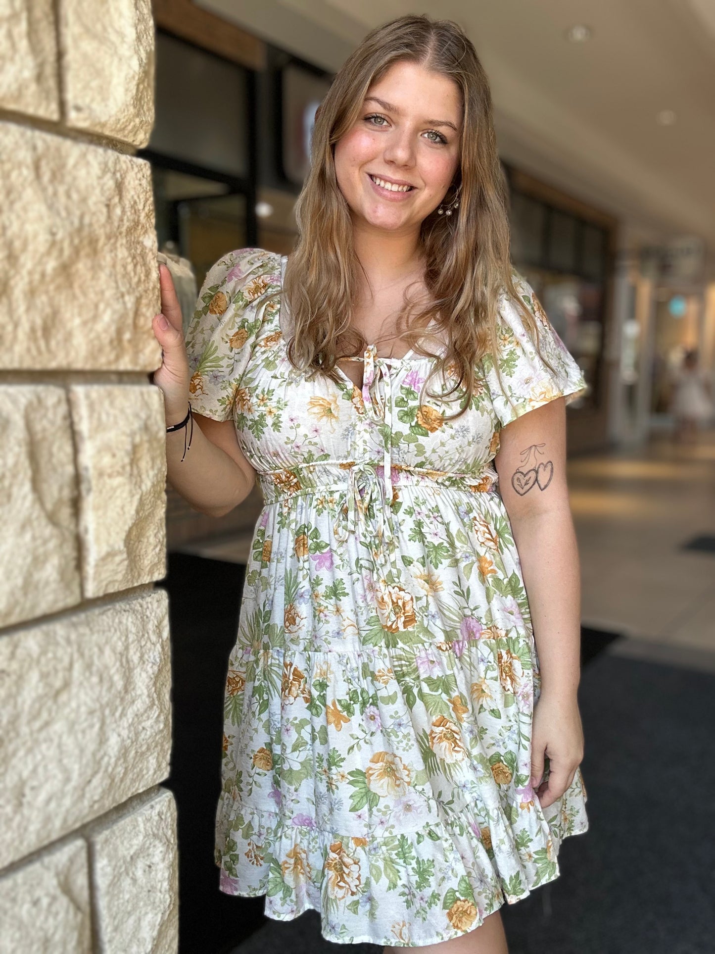 Floral Front Tie Scoop Neck Tiered Mini Dress