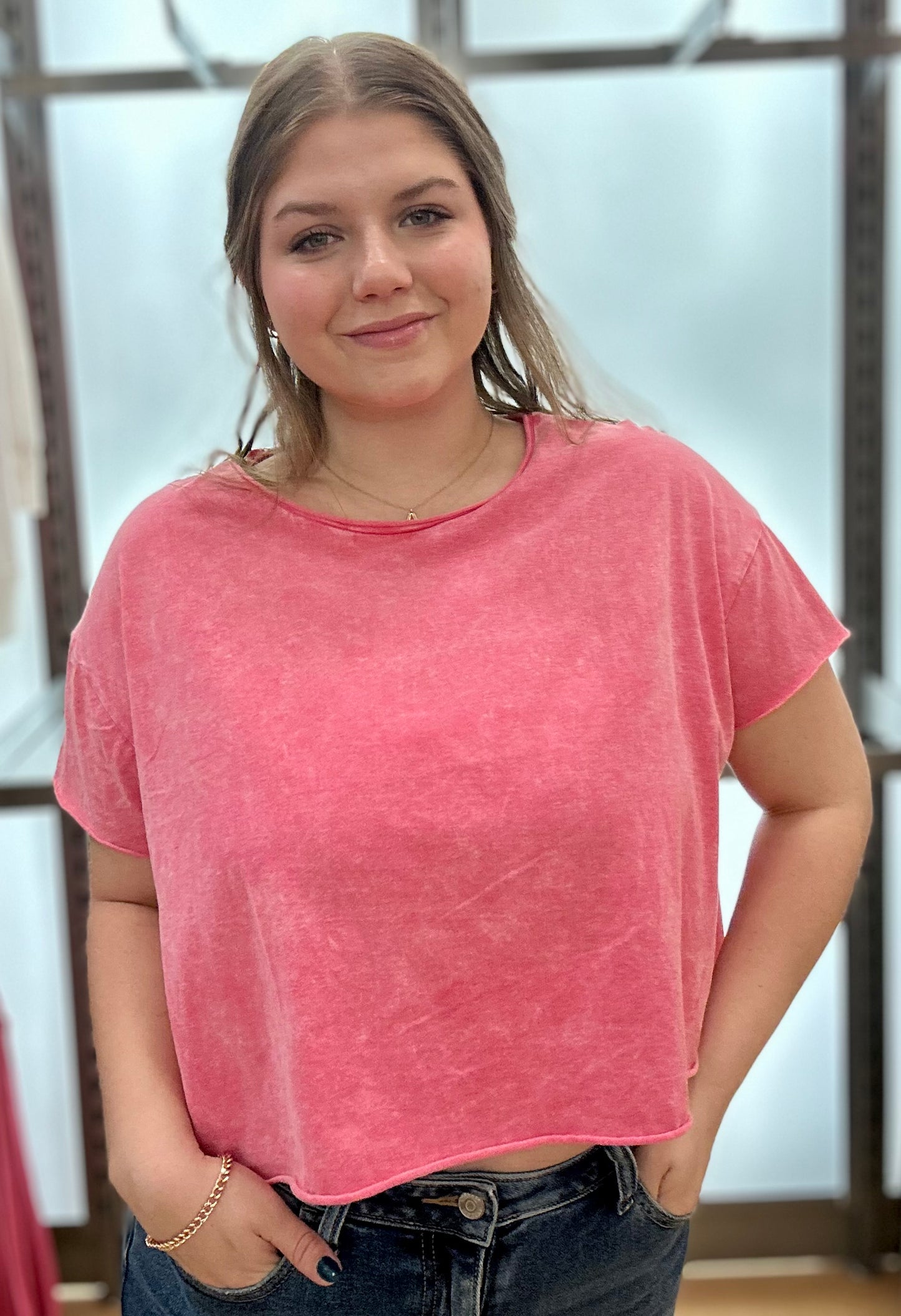 Pink Acid Wash Cropped T-Shirt