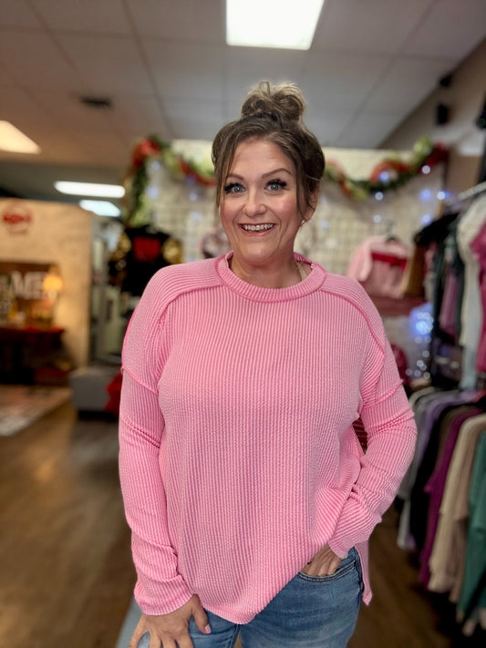 Raised rib long sleeve hi-low v neck top