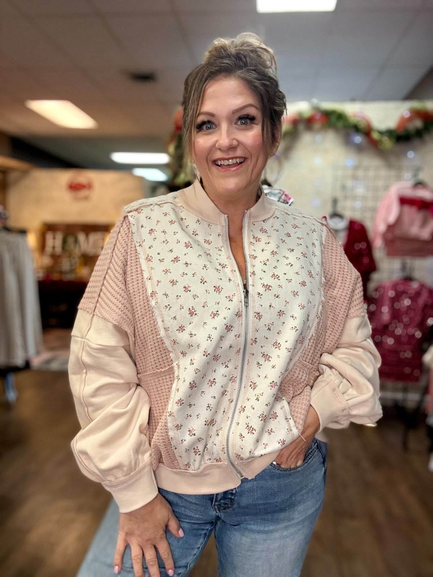 Floral Printed Contrast Knit Oversized Jacket