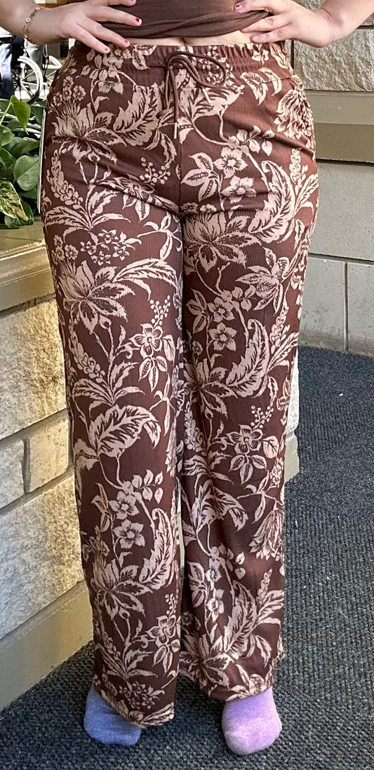 Floral Print Rib Drawstring Pocket Wide Leg Pants