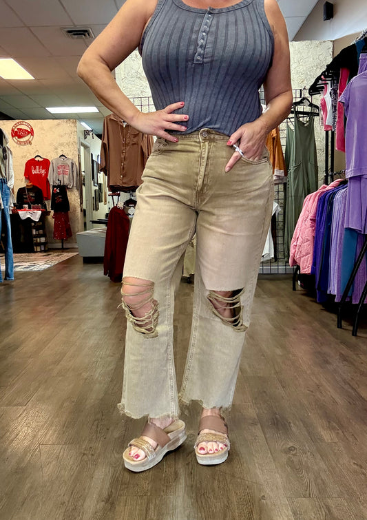 Washed Distressed Knee And Hem Cropped Pants