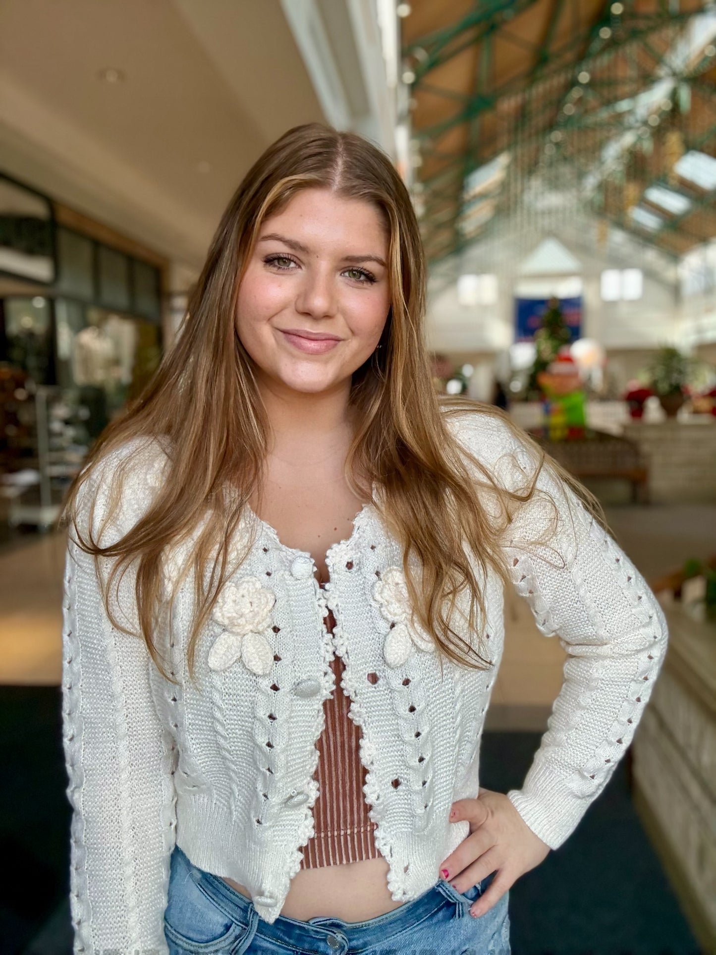 Flower Applique Textured Button Down Cardigan