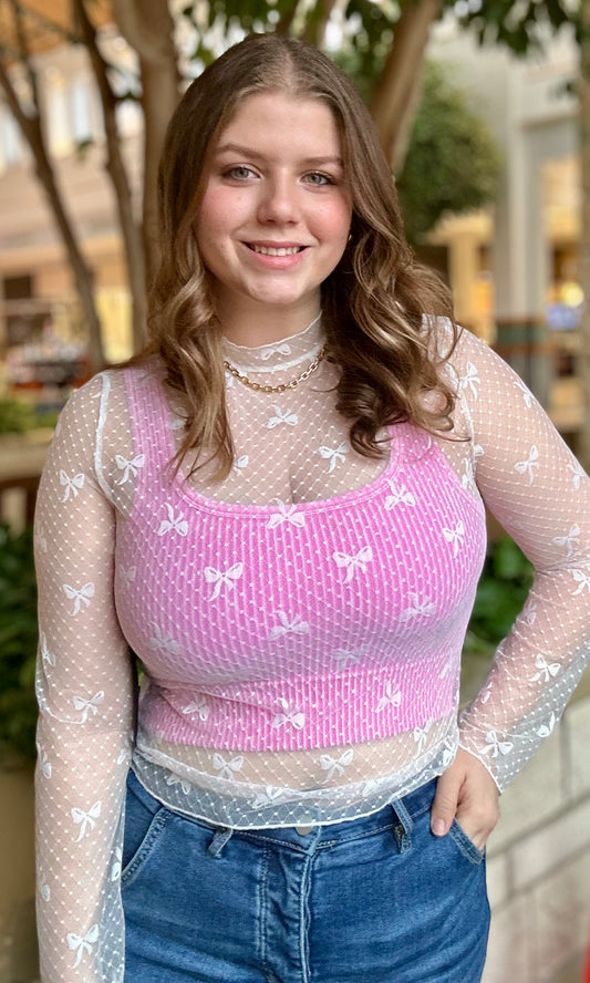 Bow Mesh Long-Sleeve Sheer Top