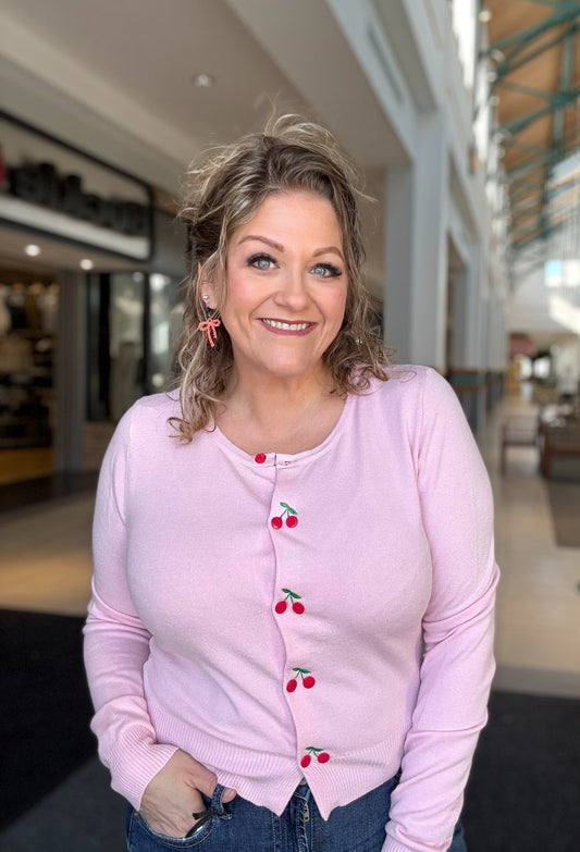 Cherry Button Embroidery Cardigan