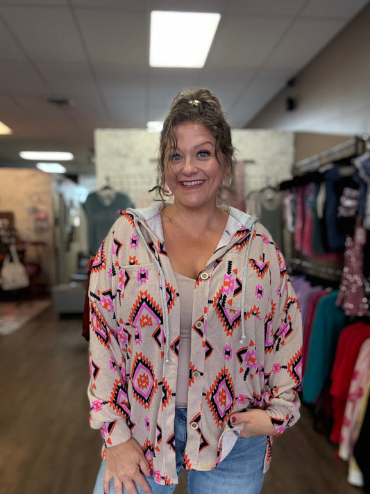 Aztec Hooded Button Down Jacket