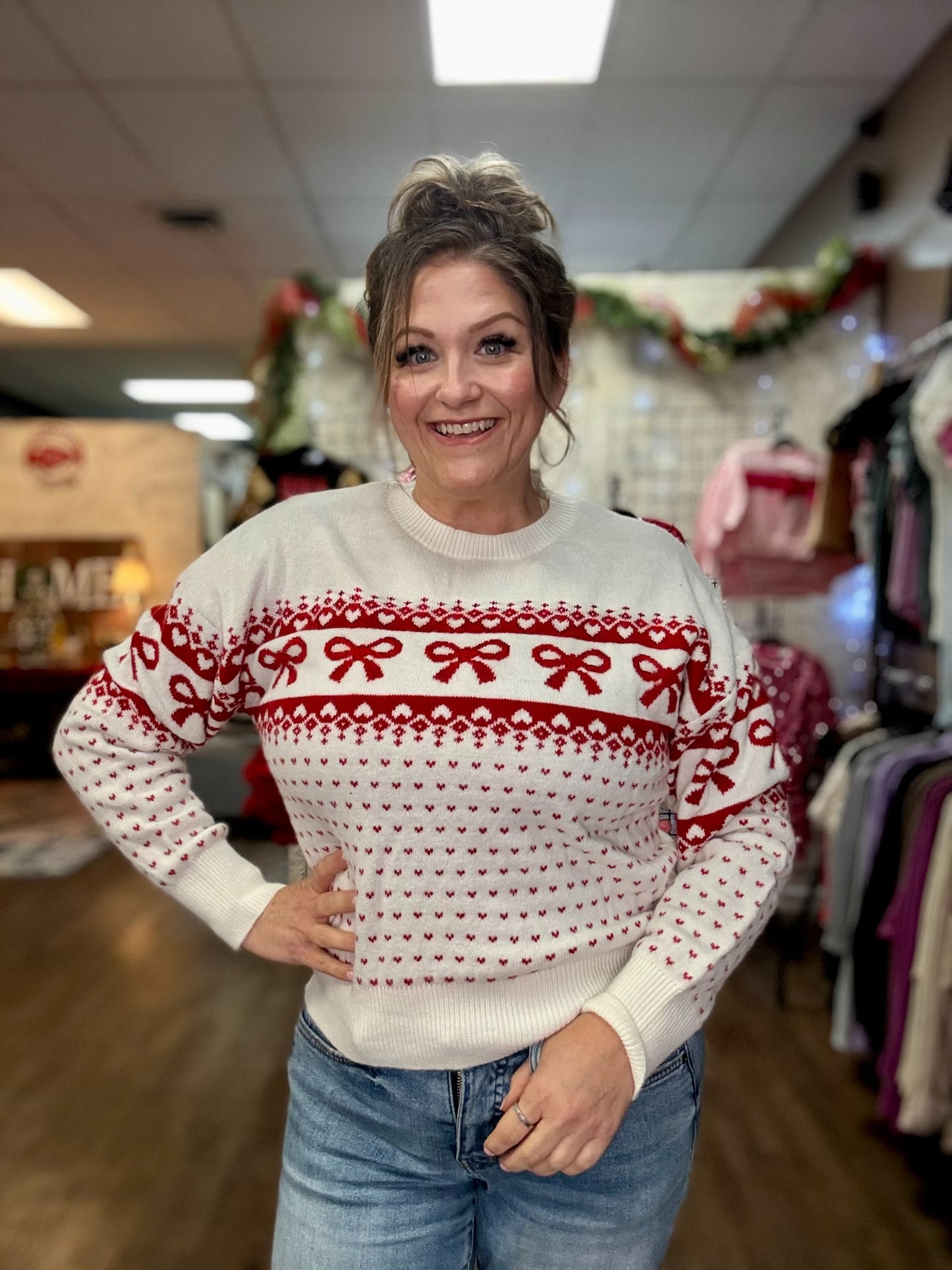 Bow And Heart Jacquard Knit Pullover Sweater