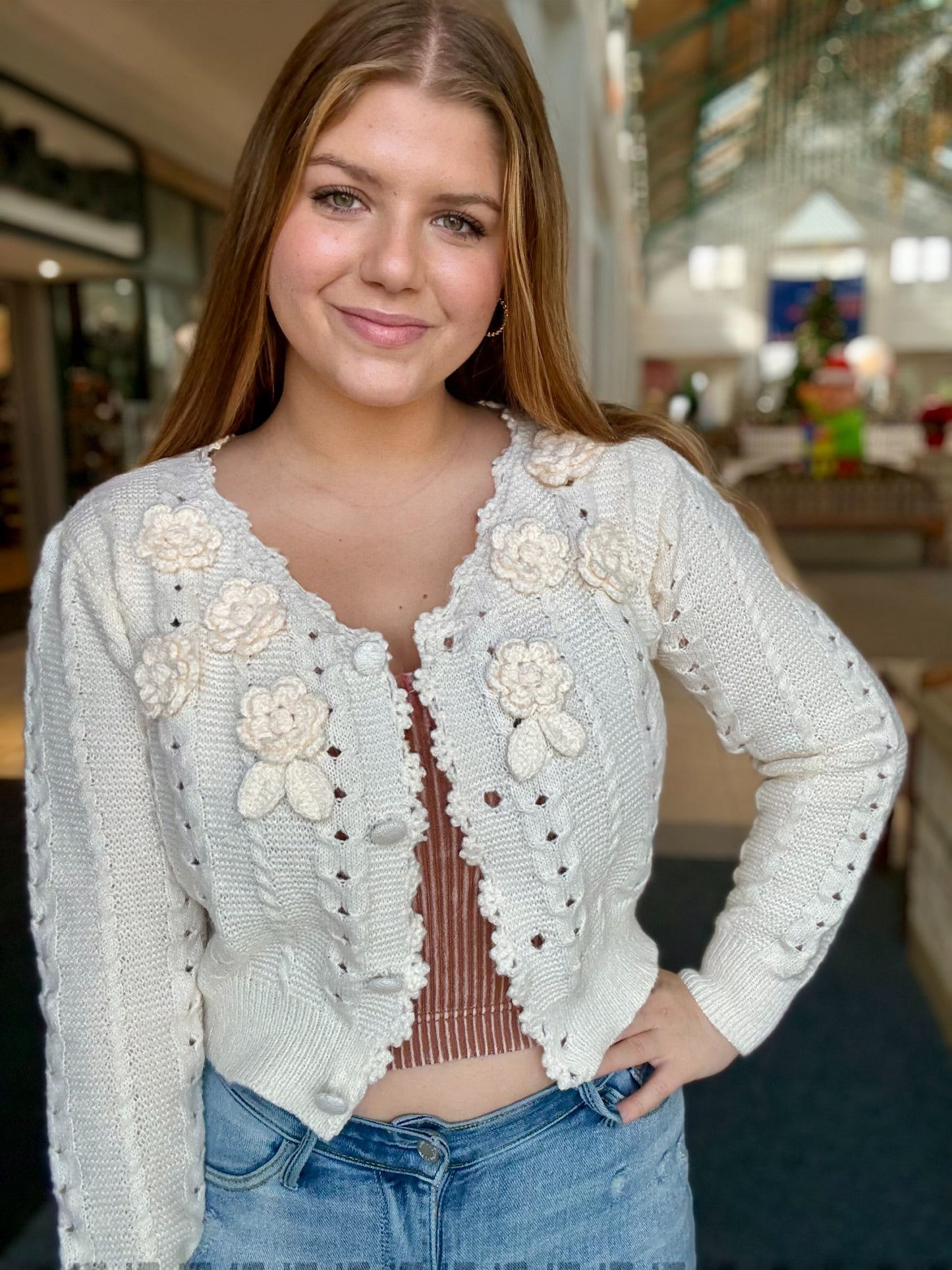 Flower Applique Textured Button Down Cardigan
