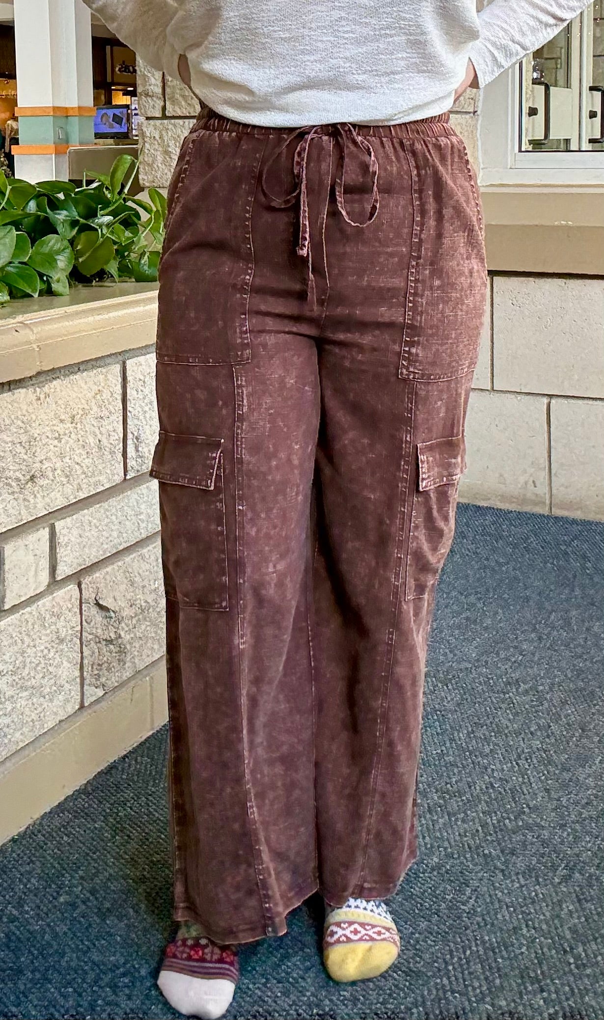 Washed Linen Elastic Band Waist Cargo Pants