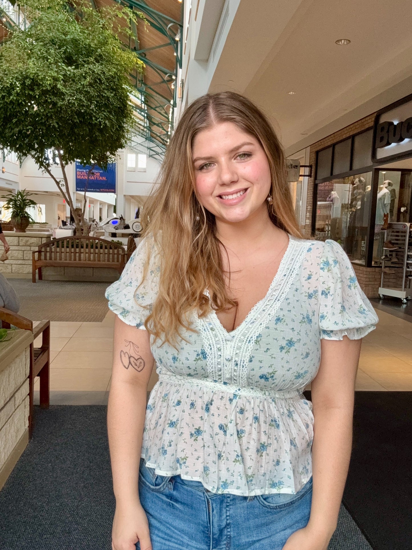 V Neck Crochet Lace Trim Floral Top