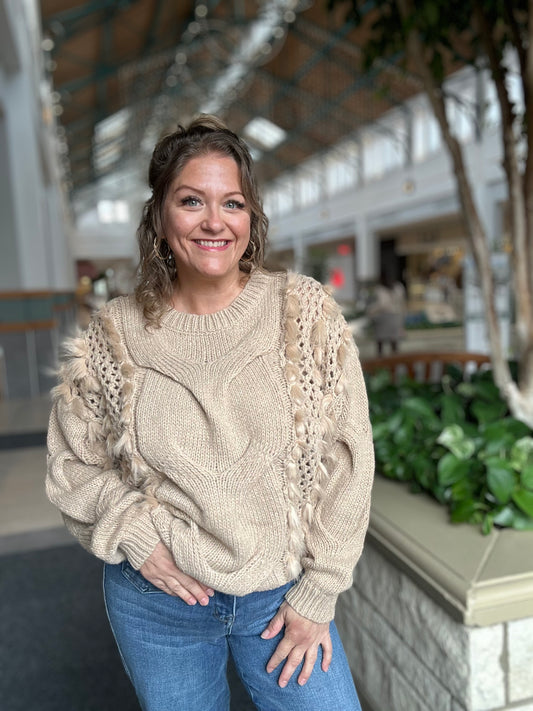 Faux Fur Detailed Pointelle Cable Knit Sweater