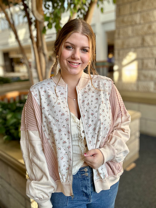 Floral Printed Contrast Knit Oversized Jacket