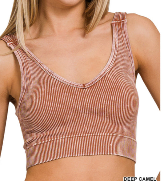 Stone washed ribbed seamless padded tank top