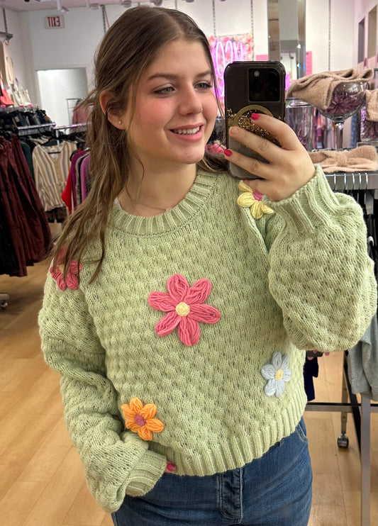 Hand Made Flower Applique Knit Sweater