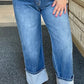 High rise cuffed wide leg denim pants
