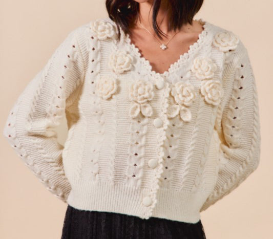 Flower Applique Textured Button Down Cardigan