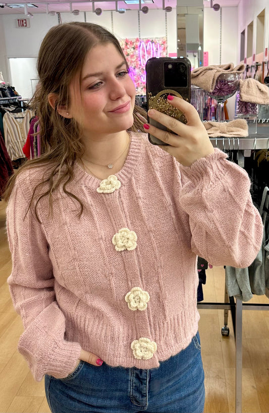 Floral Button Cropped Knit Cardigan