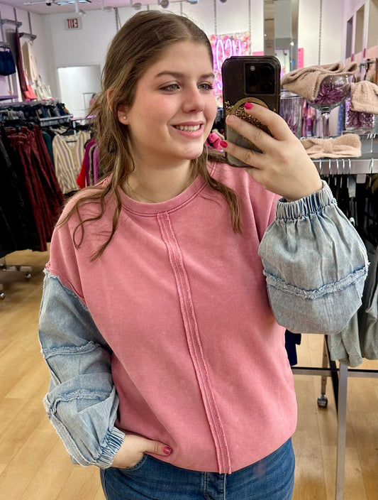 Acid Wash Sweatshirt w/ Jean Sleeves